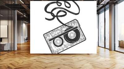 Cassette tape with tangled torn tape sketch engraving vector illustration. T-shirt apparel print design. Scratch board imitation. Black and white hand drawn image. Wall mural