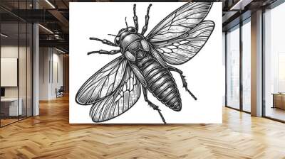 Cicadidae cicada flying insect animal sketch engraving generative ai fictional character vector illustration. Scratch board imitation. Black and white image. T-shirt apparel print design.  Wall mural