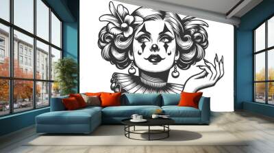 clown girl with elaborate curls and a flower in her hair, graceful hand gesture sketch engraving generative ai fictional character vector illustration. Scratch board imitation. Black and white image. Wall mural