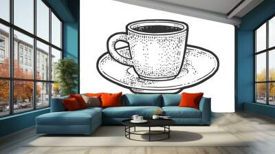 Coffee cup sketch engraving vector illustration. T-shirt apparel print design. Scratch board imitation. Black and white hand drawn image. Wall mural