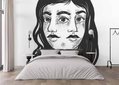 Double face girl sketch engraving vector illustration. T-shirt apparel print design. Scratch board style imitation. Black and white hand drawn image. Wall mural