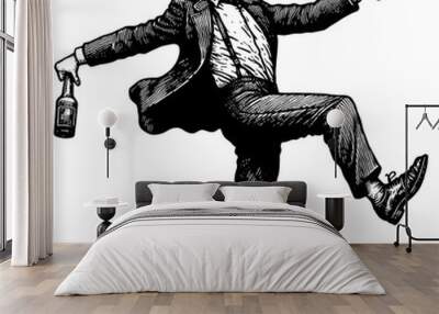 Drunk man joyfully holding bottles, expressing celebration and carefree attitude sketch engraving generative ai fictional character PNG illustration. Scratch board imitation. Black and white image. Wall mural