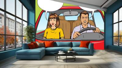 Family couple in car pop art style vector Wall mural