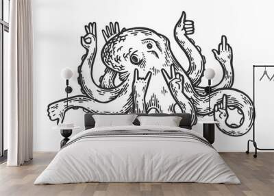 Fantastic fabulous octopus animal with human hands engraving vector illustration. Scratch board style imitation. Black and white hand drawn image. Wall mural