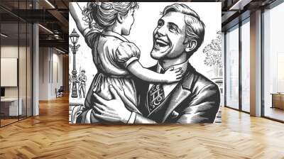 father joyfully hugging his smiling daughter, a moment of love and connection sketch engraving generative ai fictional character raster illustration. Scratch board imitation. Black and white image. Wall mural