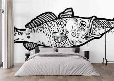 Fish swallows another fish sketch engraving PNG illustration with transparent background Wall mural