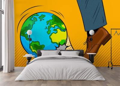 Foot hits the Earth globe pop art vector Wall mural