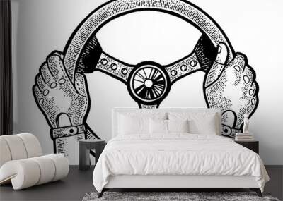 Hands of racer on car steering wheel sketch engraving PNG illustration. Scratch board style imitation. Black and white hand drawn image. Wall mural