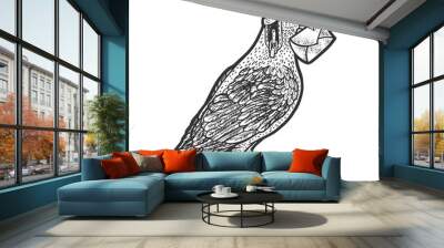 Homing Carrier pigeon with letter and old pilot helmet sketch engraving vector illustration. T-shirt apparel print design. Scratch board imitation. Black and white hand drawn image. Wall mural