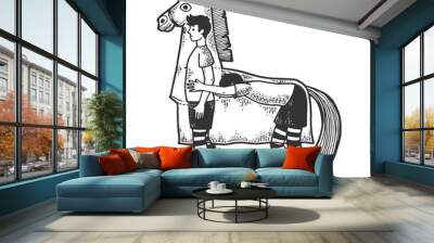 Horse costume in theater sketch engraving vector illustration. Tee shirt apparel print design. Scratch board style imitation. Black and white hand drawn image. Wall mural