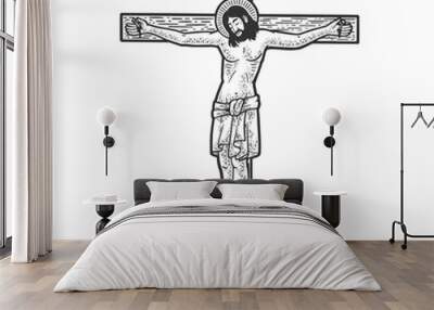 jesus christ crucifixion on cross religious symbol of christianity sketch engraving vector illustration. T-shirt apparel print design. Scratch board imitation. Black and white hand drawn image. Wall mural