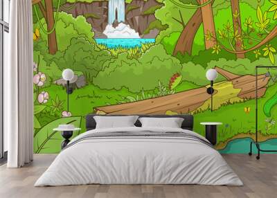 Jungle forest with waterfal cartoon vector Wall mural