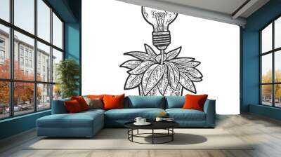 light bulb idea plant flower sketch engraving vector illustration. T-shirt apparel print design. Scratch board imitation. Black and white hand drawn image. Wall mural