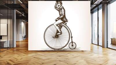 man on retro vintage old bicycle sketch vector Wall mural