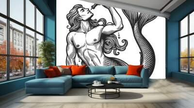 merman tilting his head back to drink from bottle, with detailed tail and flowing hair. Alcohol bottle sketch engraving generative ai fictional character vector illustration. Scratch board imitation. Wall mural