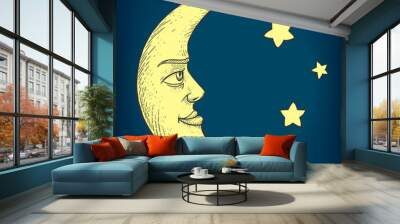 Moon with face engraving style vector illustration Wall mural