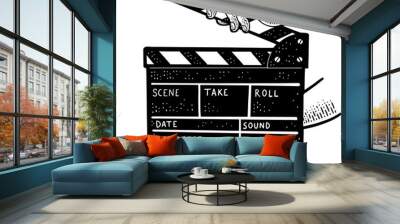 Movie clapperboard in hands sketch engraving PNG illustration. T-shirt apparel print design. Scratch board style imitation. Hand drawn image. Wall mural