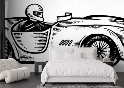 Old sport race car engraving PNG illustration. Scratch board style imitation. Black and white hand drawn image. Wall mural