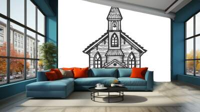 Old wooden church chapel engraving vector illustration. Scratch board style imitation. Hand drawn image. Wall mural