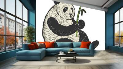 Panda bear with bamboo color sketch engraving vector illustration. T-shirt apparel print design. Scratch board imitation. Black and white hand drawn image. Wall mural