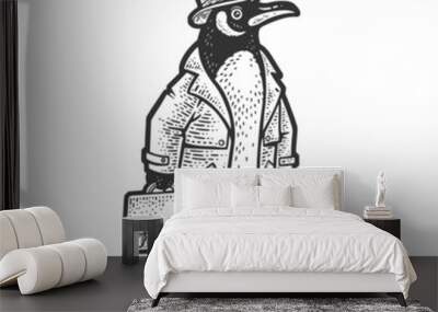 penguin businessman in business suit with case and top hat sketch engraving vector illustration. T-shirt apparel print design. Scratch board imitation. Black and white hand drawn image. Wall mural