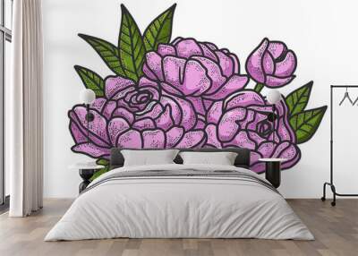 peony flower color sketch engraving raster illustration. T-shirt apparel print design. Scratch board imitation. Black and white hand drawn image. Wall mural