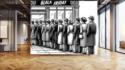 people lined up outside a store for Black Friday shopping, featuring a vintage crowd scene sketch engraving generative ai PNG illustration. Scratch board imitation. Black and white image. Wall mural