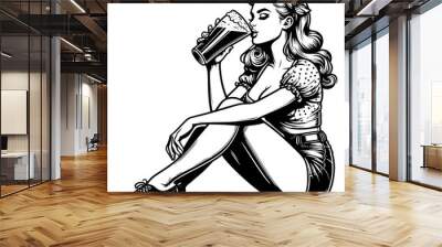 pin-up girl sitting and drinking a pint of beer, evoking retro aesthetics sketch engraving generative ai fictional character PNG illustration. Scratch board imitation. Black and white image. Wall mural