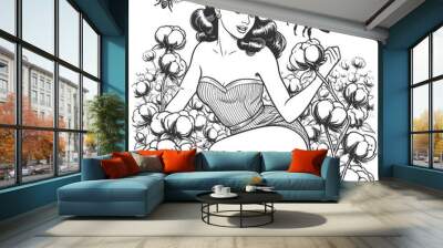 pin-up girl sitting in a cotton field with bees flying around, styled in a retro 1950s design sketch engraving generative ai raster illustration. Scratch board imitation. Black and white image. Wall mural