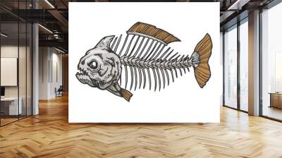 Piranha fish skeleton animal color sketch engraving vector illustration. Scratch board style imitation. Black and white hand drawn image. Wall mural