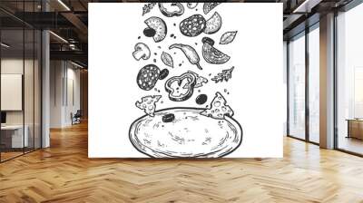 Pizza with flying ingredients sketch engraving vector illustration. Pizza cooking metaphor. Scratch board style imitation. Hand drawn image. Wall mural