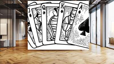 Poker Royal flush winning combination of cards sketch engraving PNG illustration. T-shirt apparel print design. Scratch board style imitation. Black and white hand drawn image. Wall mural