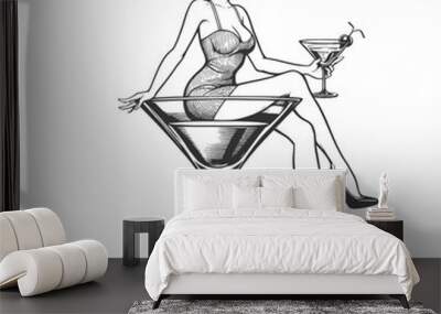 retro pin-up girl enjoying a martini alcohol glass, epitomizing vintage charm and cocktail culture sketch engraving generative ai vector illustration. Scratch board imitation. Black and white image. Wall mural