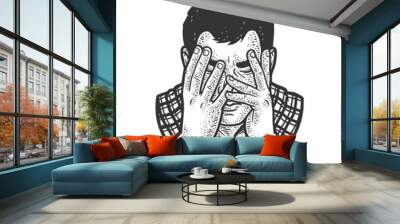 Sad unhappy man covered his face with his hands sketch engraving vector illustration. T-shirt apparel print design. Scratch board imitation. Black and white hand drawn image. Wall mural