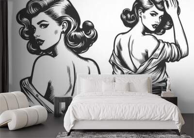 seductive pin-up woman, classic pose and glamorous look with wavy hair and casual attire sketch engraving generative ai raster illustration. Scratch board imitation. Black and white image. Wall mural