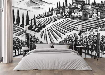 serene Tuscan vineyard landscape with a traditional villa, cypress trees, and distant hills. Sketch engraving generative ai raster illustration. Scratch board imitation. Black and white image. Wall mural