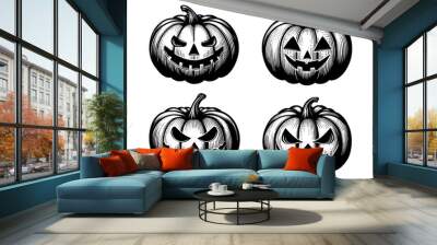 Set collection of Jack-O-Lantern Halloween pumpkin, different facial expressions, Halloween designs sketch engraving generative ai PNG illustration. Scratch board imitation. Black and white image. Wall mural