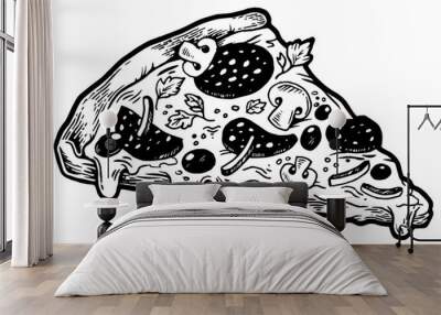 Slice of pizza sketch engraving PNG illustration. Scratch board style imitation. Hand drawn image. Wall mural