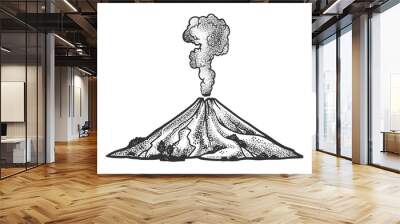 smoking volcano eruption line art sketch engraving vector illustration. T-shirt apparel print design. Scratch board imitation. Black and white hand drawn image. Wall mural