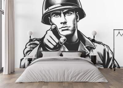 stern soldier, pointing directly forward, symbolizing military recruitment, duty, and patriotism sketch engraving generative ai vector illustration. Scratch board imitation. Black and white image. Wall mural