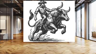 thrilling action of a rodeo cowboy expertly riding a bucking bull sketch engraving generative ai fictional character raster illustration. Scratch board imitation. Black and white image. Wall mural