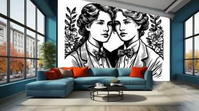 two women in bow ties and formal attire, framed by floral elements sketch engraving generative ai fictional character PNG illustration. Scratch board imitation. Black and white image. Wall mural