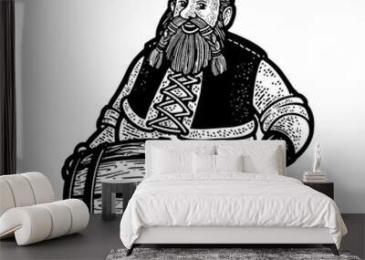 viking with a keg of beer sketch engraving PNG illustration. T-shirt apparel print design. Scratch board imitation. Black and white hand drawn image. Wall mural