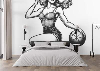 vintage pin-up girl plays basketball, combining sport with classic retro charm sketch engraving generative ai fictional character vector illustration. Scratch board imitation. Black and white image. Wall mural