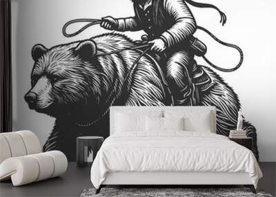 Wild West cowboy is shown riding a bear, traditional western imagery sketch engraving generative ai fictional character vector illustration. Scratch board imitation. Black and white image. Wall mural