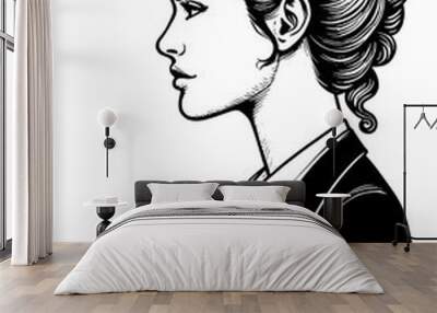 woman in profile wearing a professional suit, detailed hair and facial features sketch engraving generative ai fictional character PNG illustration. Scratch board imitation. Black and white image. Wall mural