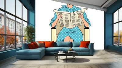 Woman with old hair dryer reads newspaper pop art retro PNG illustration. Isolated image on white background. Comic book style imitation. Wall mural