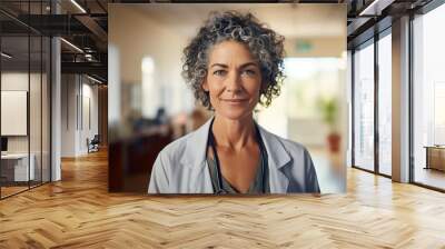 Portrait of a mature female doctor smiling at the camera while standing against a clinic background. ai generative Wall mural