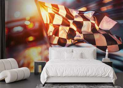 racing flag in a checkered pattern on the background of a racing car Wall mural