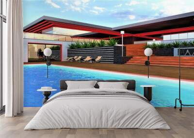 Red day illumination of the luxury country villa with glowing swimming pool. Eco-friendly decking around with sun loungers in relax zone. 3d rendering. Wall mural